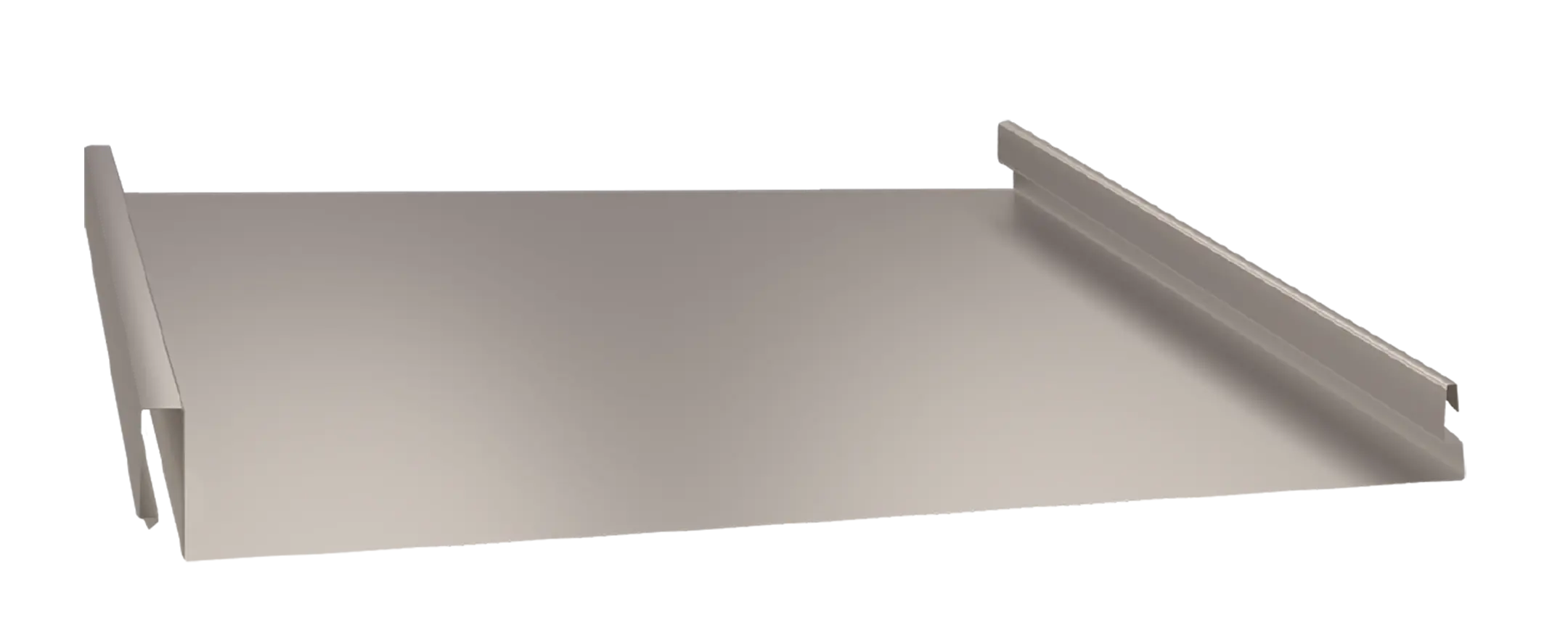 A metal roofing panel with a flat surface and raised interlocking edges, shown from an angled side view against a white background.