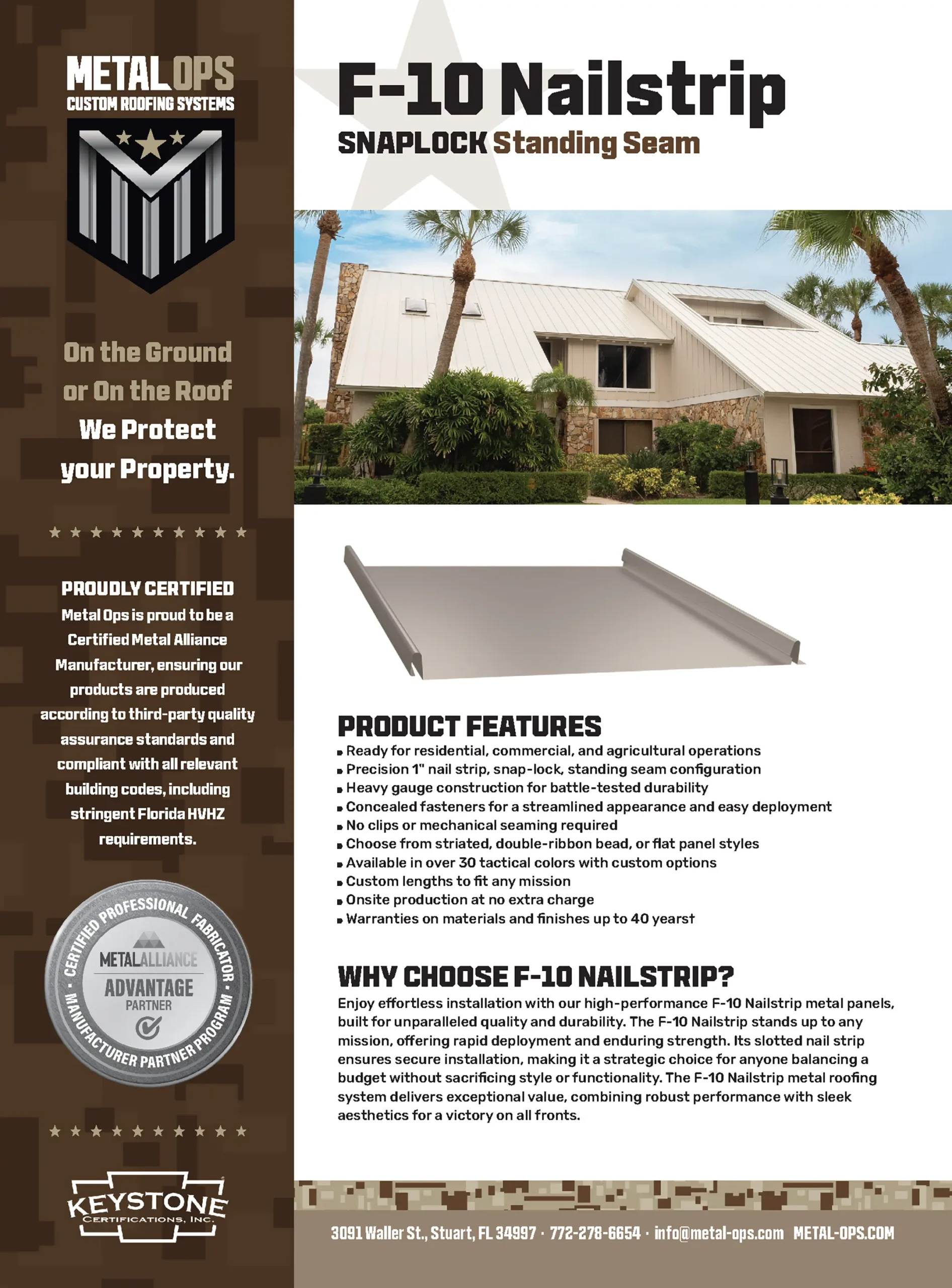 Advertisement for Metal Ops’ F-10 Nailstrip Snaplock standing seam metal roofing, highlighting its features like fast installation, no clips or mechanical fasteners, low maintenance, and wind resistance.