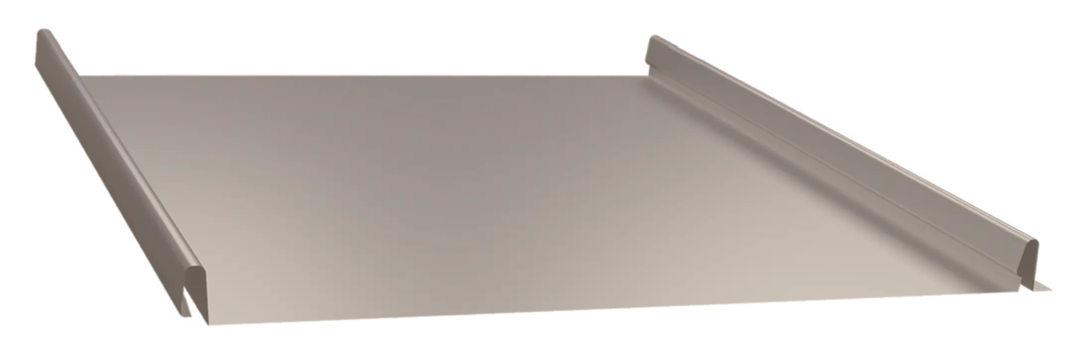 A single flat metal roofing panel with raised seams on each side, shown against a white background.