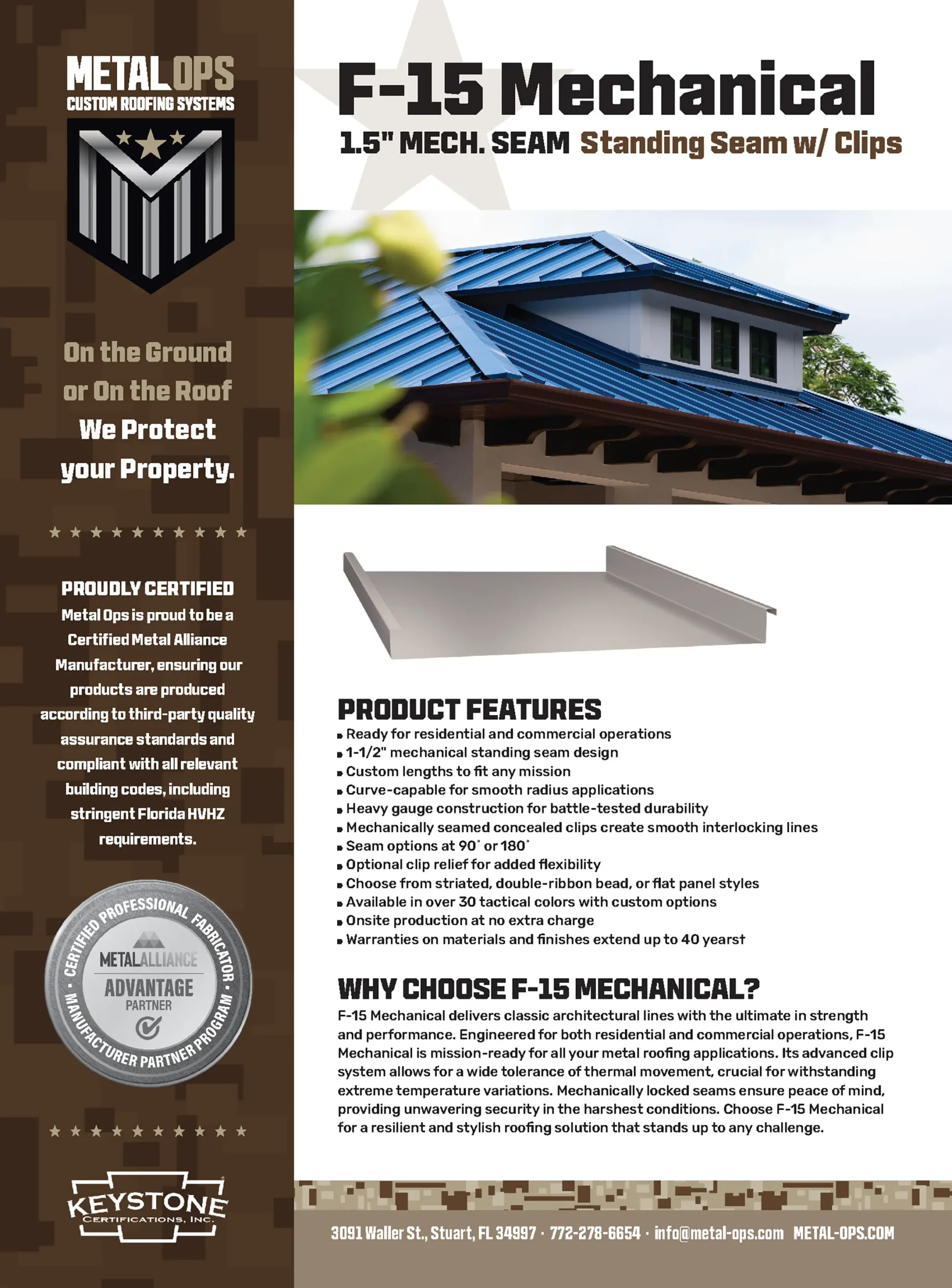 Flyer for F-15 Mechanical 1.5" Standing Seam roof system shows a modern blue-roofed house and lists product features, certifications, and benefits, with company and contact info at the bottom.