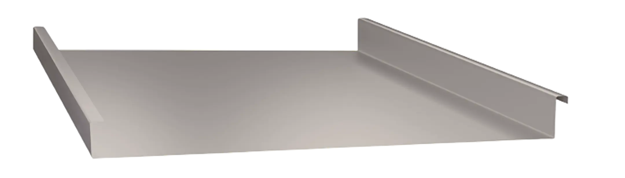 A metal roofing panel with raised seams on both edges, shown on a white background. The panel is flat in the center and has vertical sides for interlocking installation.