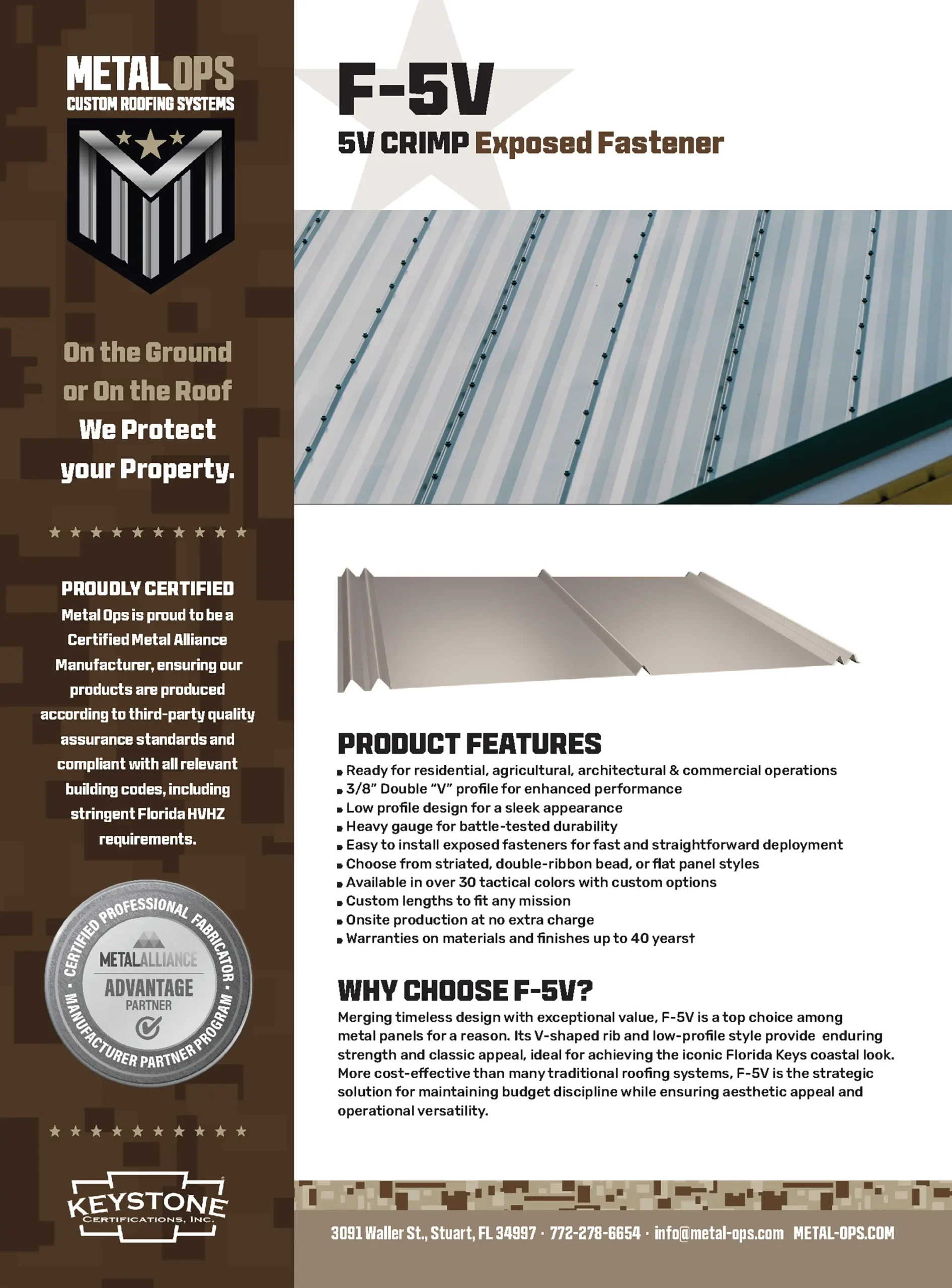 Promotional flyer for F-5V 5V Crimp Exposed Fastener metal roofing panels. Features product images, benefits, certifications, contact information, and a camouflage border; text highlights durability and protection.