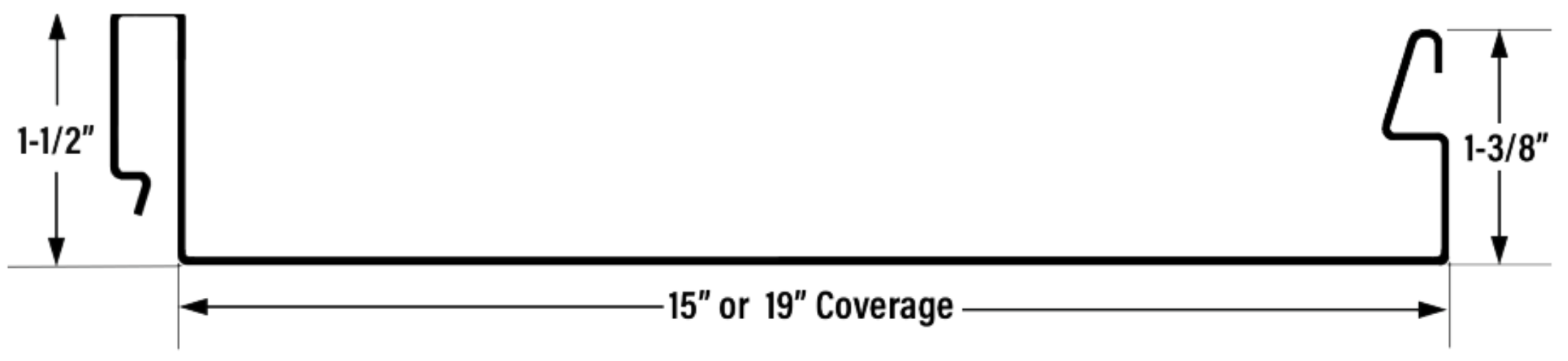 A technical drawing of a metal panel cross-section, showing a flat center with raised edges. The panel depth is labeled 1-1/2 inches and 1-3/8 inches, and the width is labeled “15'' or 16'' Coverage.”.