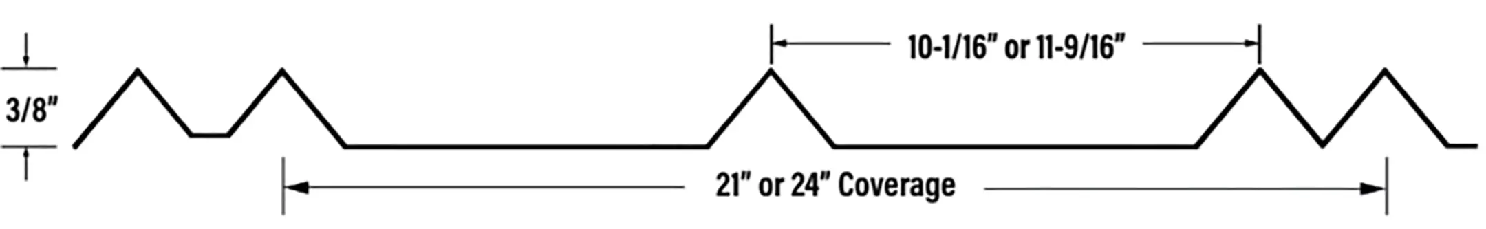 Black-and-white diagram of a trapezoidal metal roofing panel profile, showing a 3/8" rib height, a coverage width of 21" or 21.5", and rib spacing of 10-11/16" or 11-9/16".