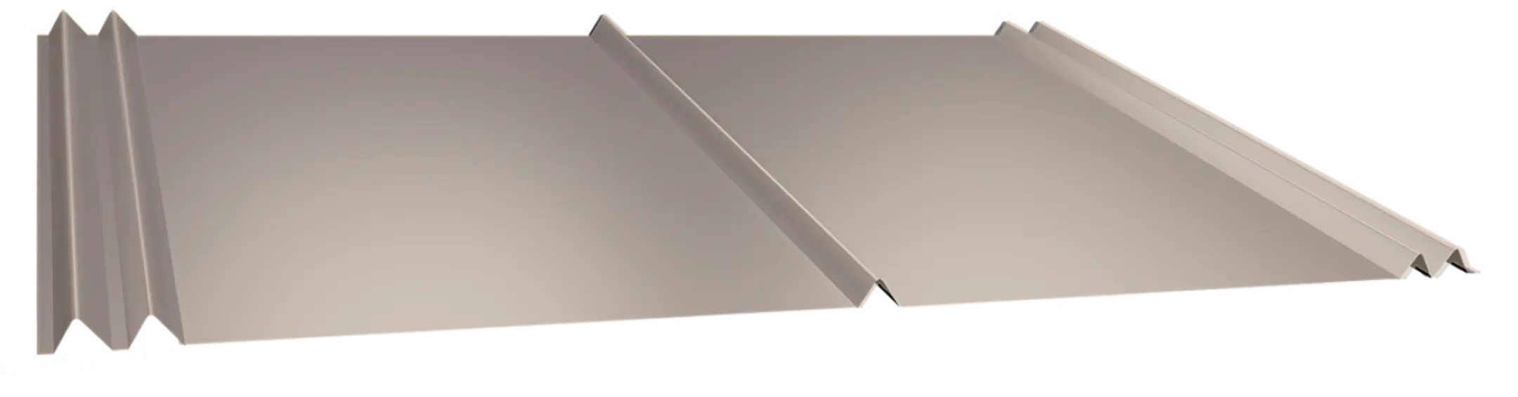 A single beige standing seam metal roofing panel with two raised vertical seams running lengthwise and flat sections in between.