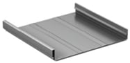 A gray metal roofing panel with upturned edges on both sides, designed for standing seam installation. The panel has a flat center surface with subtle vertical lines for added structure.