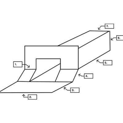 A diagram of an unfolded rectangular box with flaps, labeled from 1 to 7, showing different sections and parts of the packaging template. Each label points to a specific panel or flap.