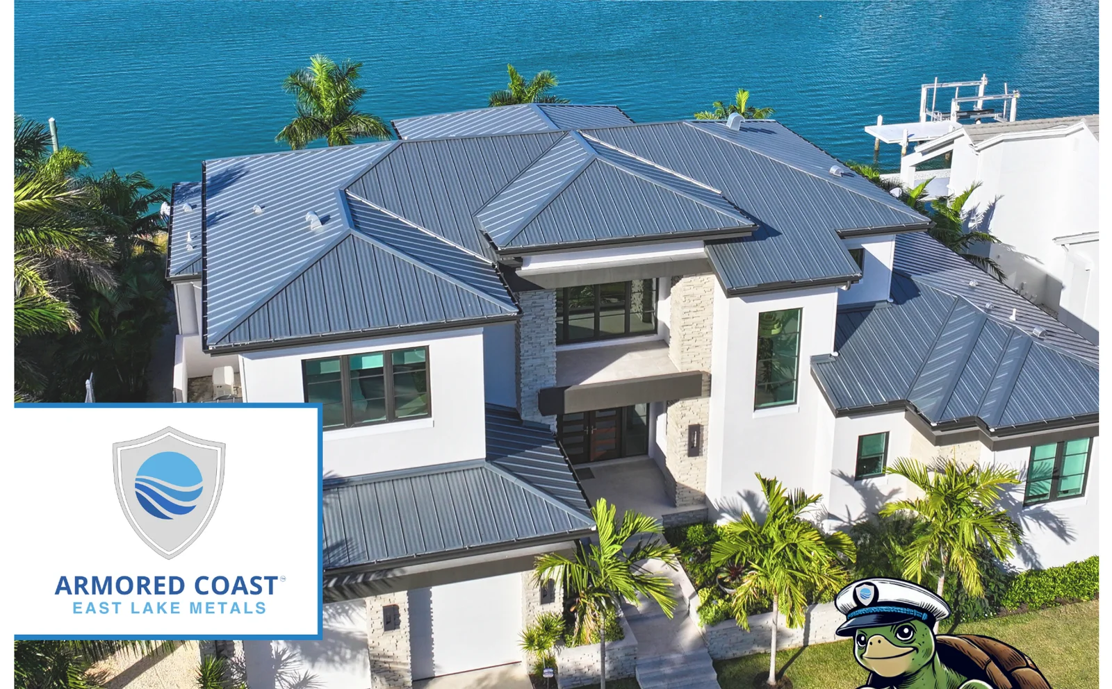 Coastal home with a standing seam metal roof in Armored Coast ZAM steel
