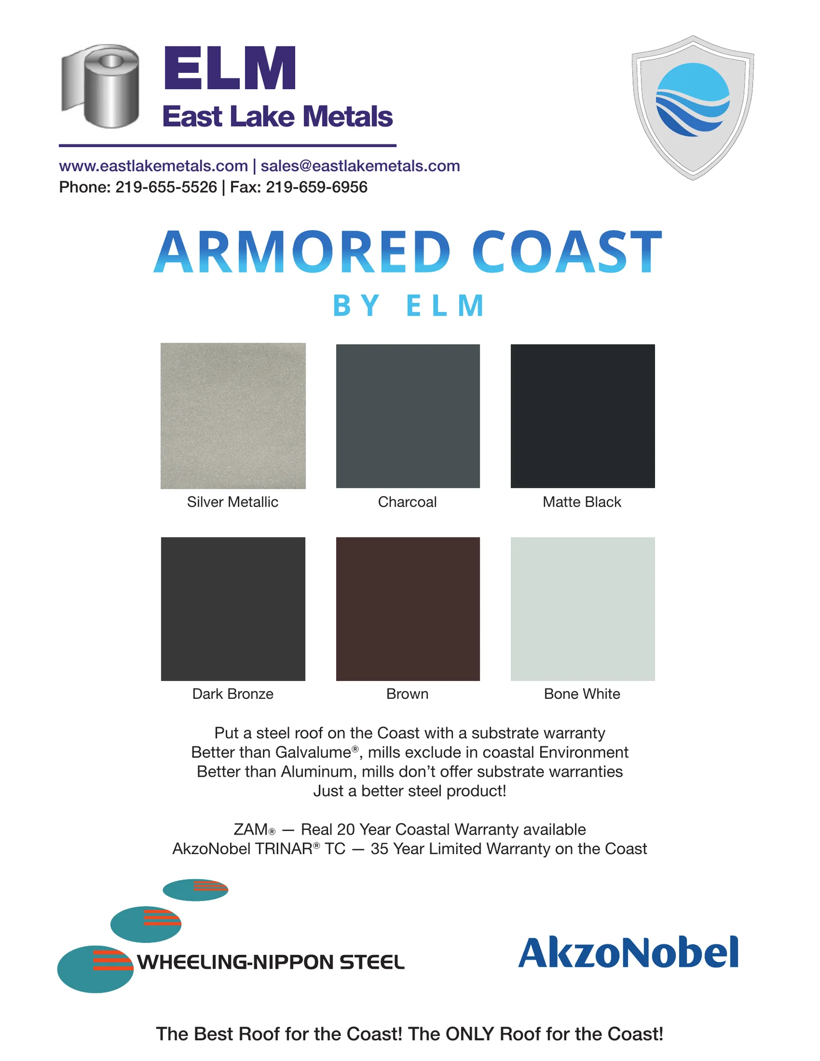 Armored Coast by ELM color card: Silver Metallic, Charcoal, Matte Black, Dark Bronze, Brown and Bone White